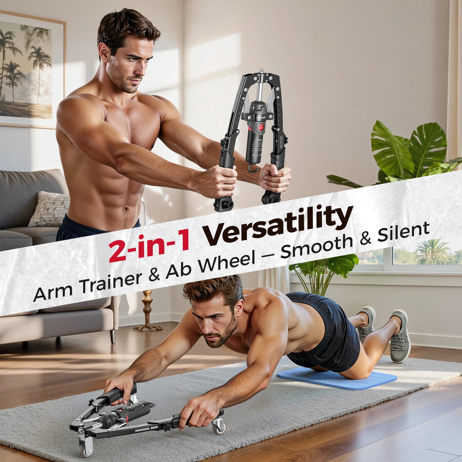 2-in-1 Hydraulic Arm Trainer & Ab Roller — 15-Level Adjustable Resistance, Full-Body Home Gym Kit