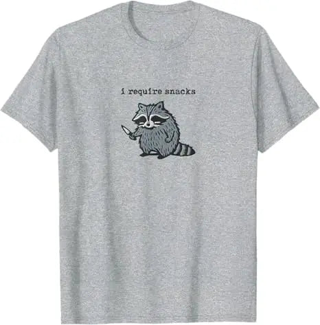 "I Require Snacks" Raccoon Graphic T-Shirt — Funny Y2K Animal Tee | Novelty Gift