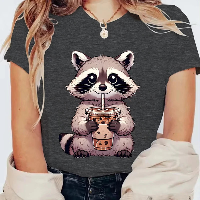 Trash Raccoon Latte Graphic T-Shirt — Women's Harajuku Cartoon Tee | 15 Colors