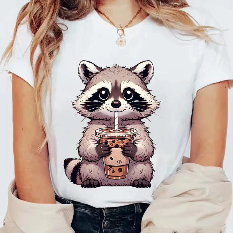 Trash Raccoon Latte Graphic T-Shirt — Women's Harajuku Cartoon Tee | 15 Colors