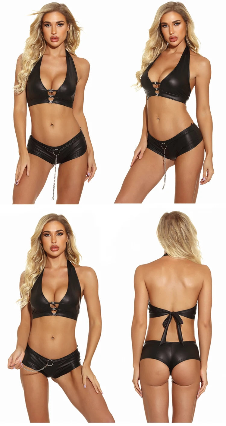 Lingerie for Women PU Leather Sexy Bra Black Ladies Push Up Backless Bralette Slip Sensual Hot Crop Top Shiny Fashion Cross Bras