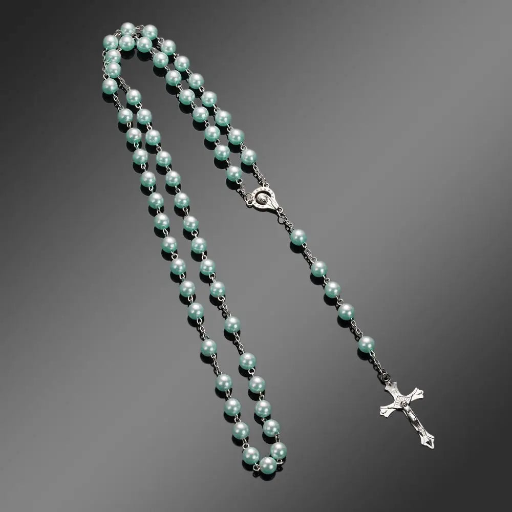 Vintage Cross Necklace Rosary Beads Chain