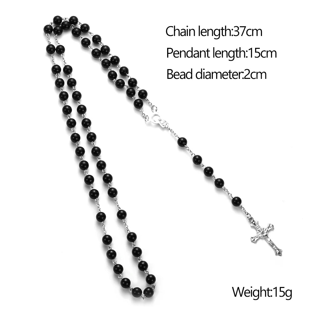 Vintage Cross Necklace Rosary Beads Chain