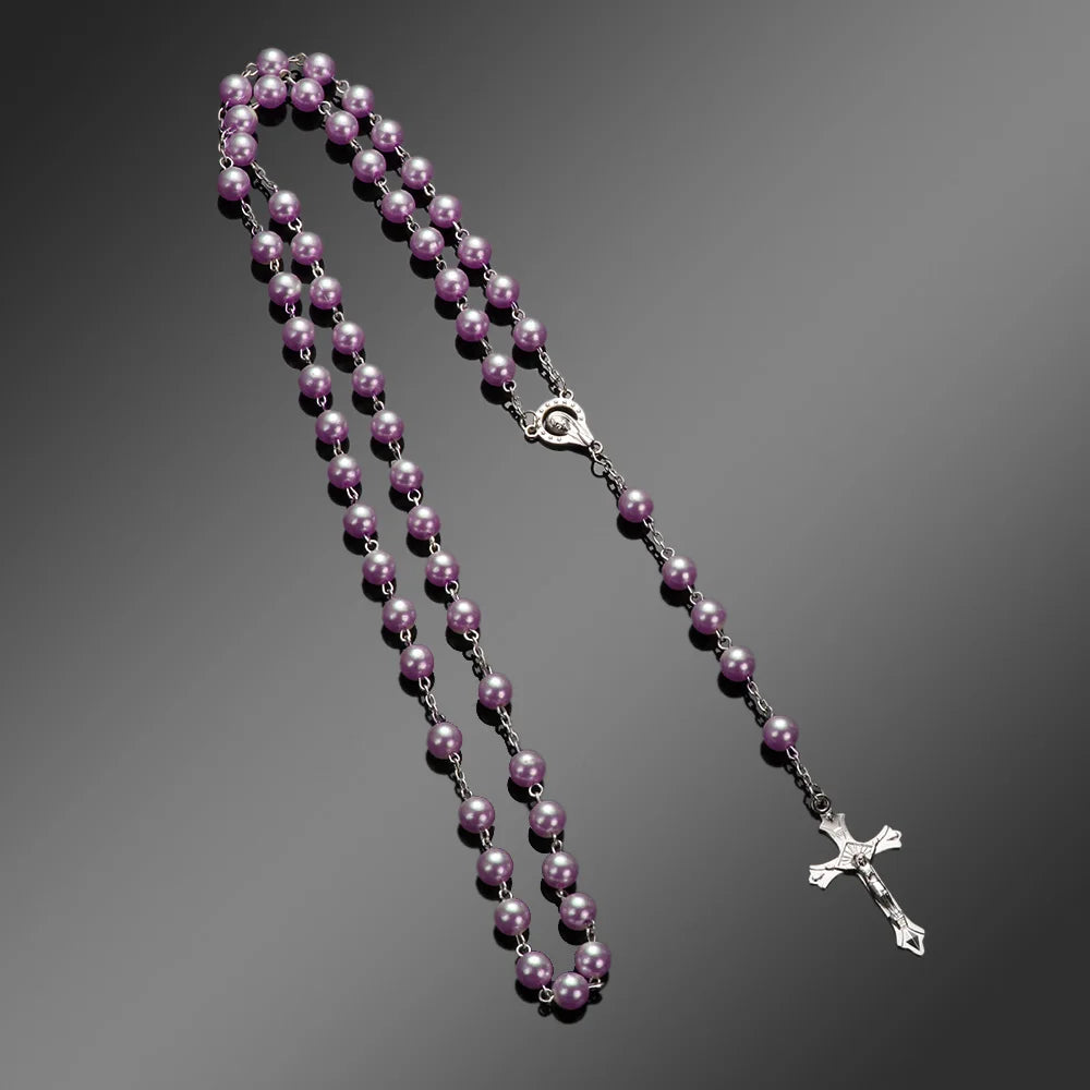 Vintage Cross Necklace Rosary Beads Chain