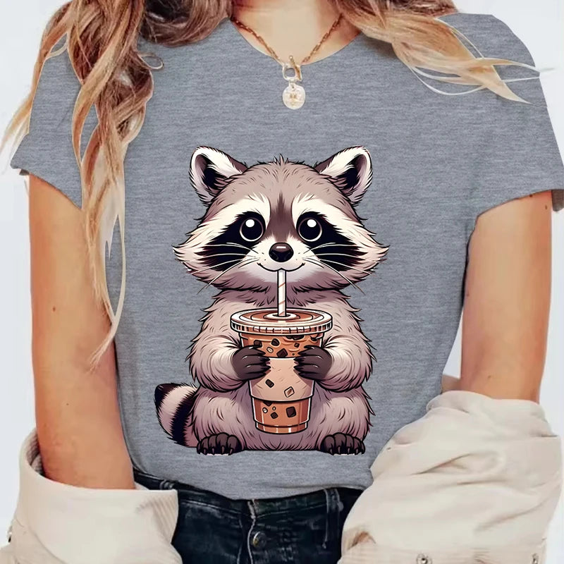Trash Raccoon Latte Graphic T-Shirt — Women's Harajuku Cartoon Tee | 15 Colors
