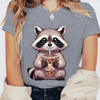 Trash Raccoon Latte Graphic T-Shirt — Women's Harajuku Cartoon Tee | 15 Colors