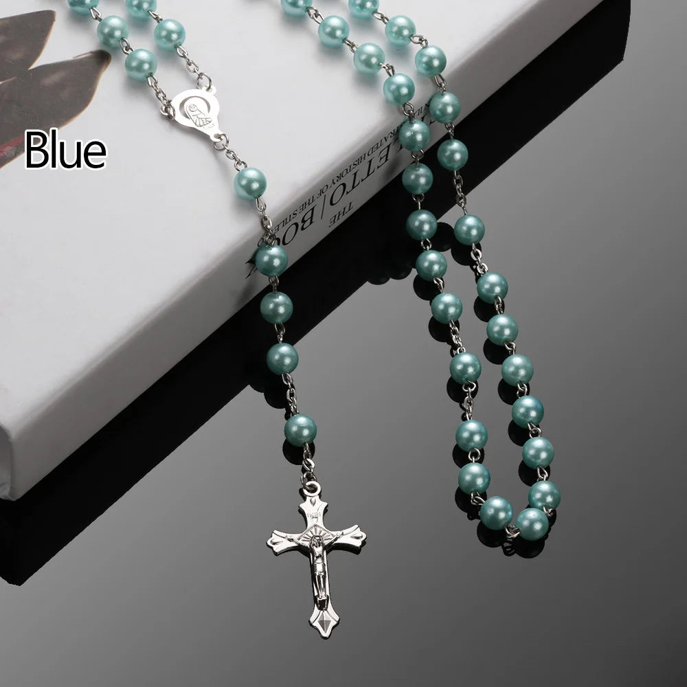 Vintage Cross Necklace Rosary Beads Chain