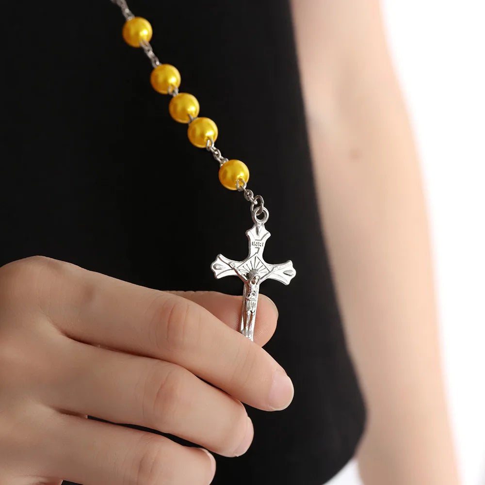Vintage Cross Necklace Rosary Beads Chain