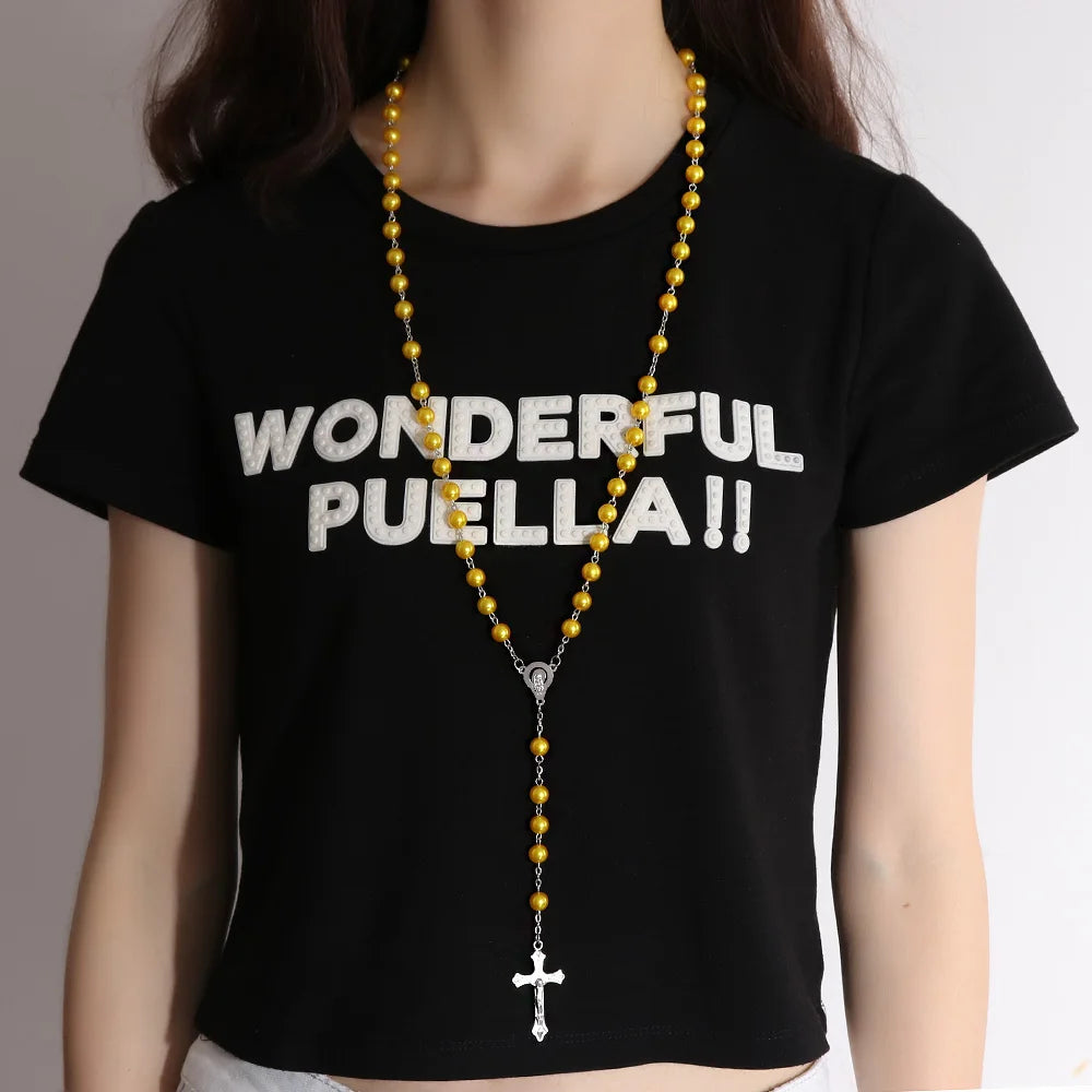 Vintage Cross Necklace Rosary Beads Chain