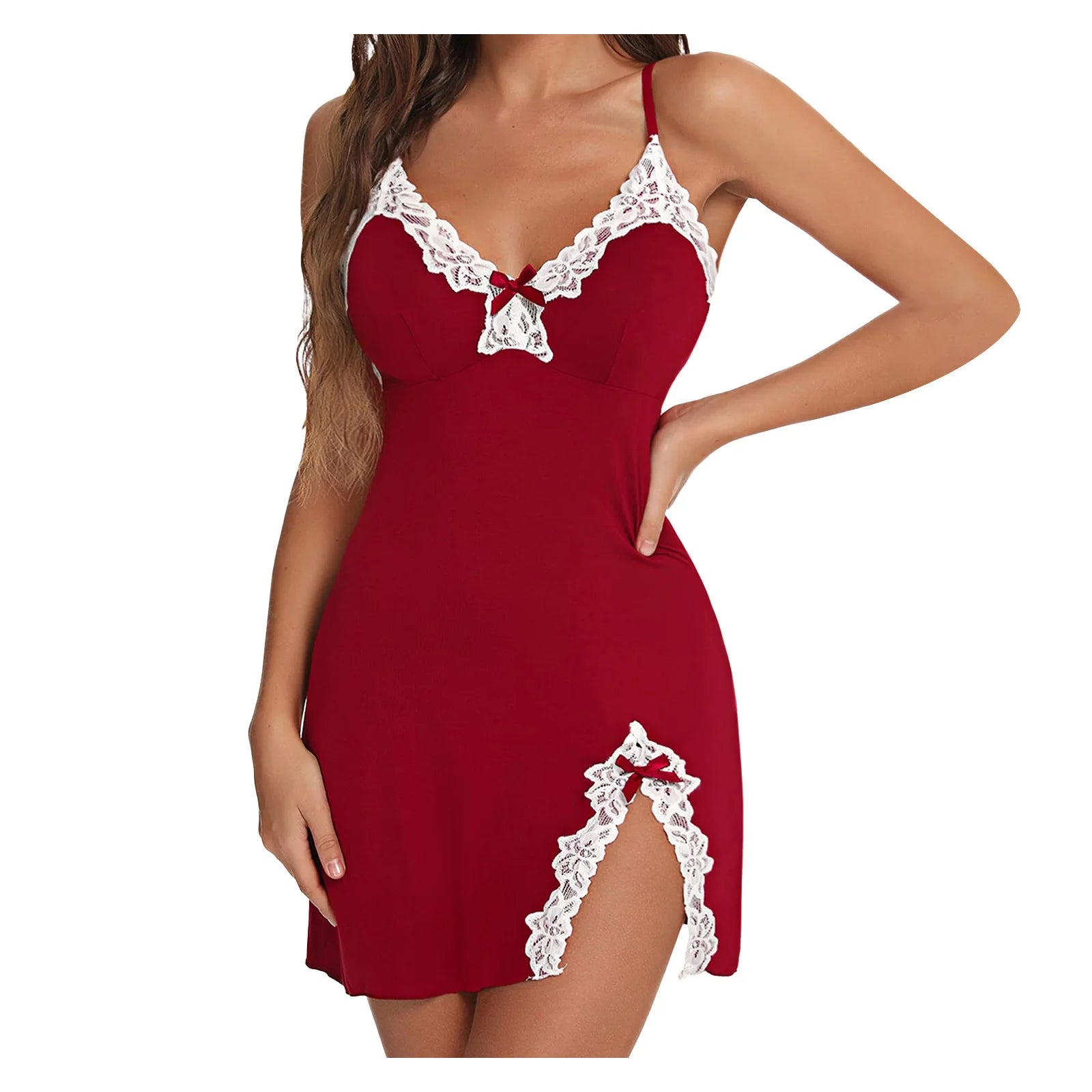 Lingerie for Women Sexy Night Gowns Lace Trim Sleep Dress V Neck Babydoll Chemise Dress Side Split Nighty