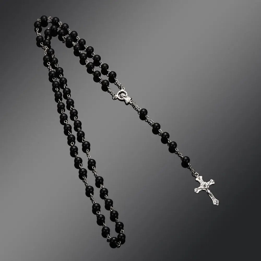 Vintage Cross Necklace Rosary Beads Chain