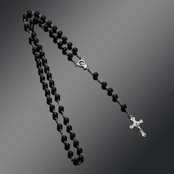 Vintage Cross Necklace Rosary Beads Chain