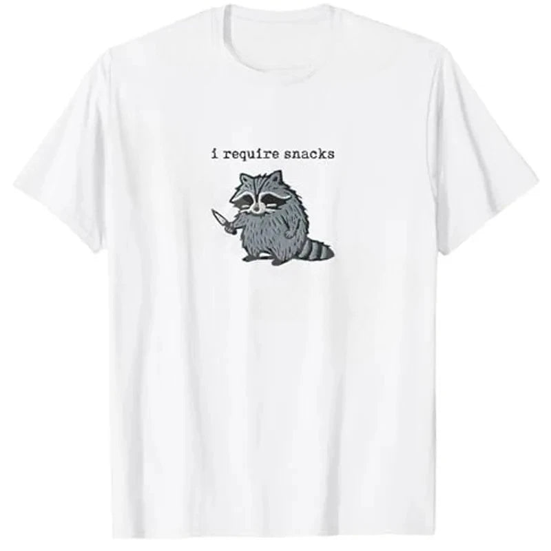 "I Require Snacks" Raccoon Graphic T-Shirt — Funny Y2K Animal Tee | Novelty Gift