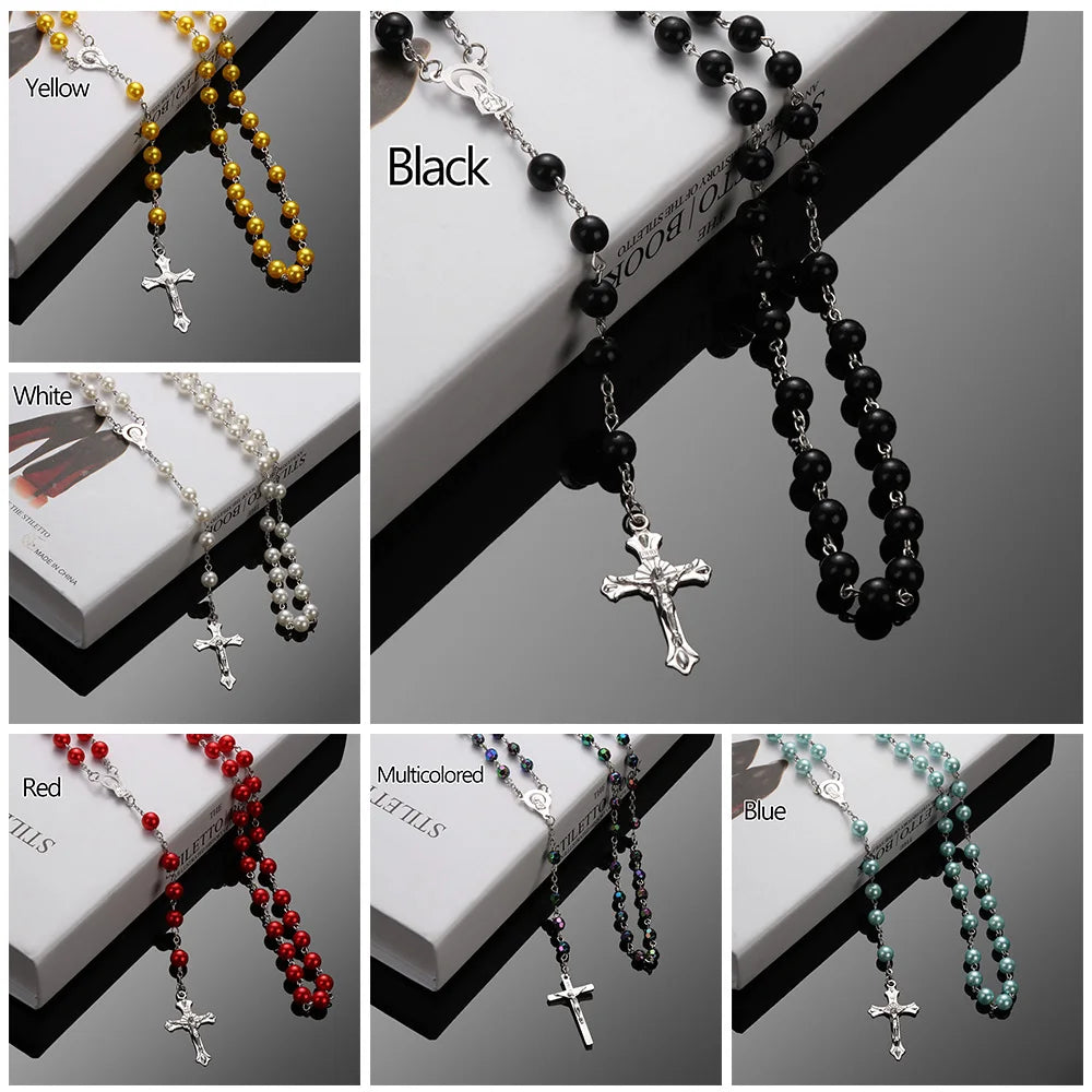 Vintage Cross Necklace Rosary Beads Chain