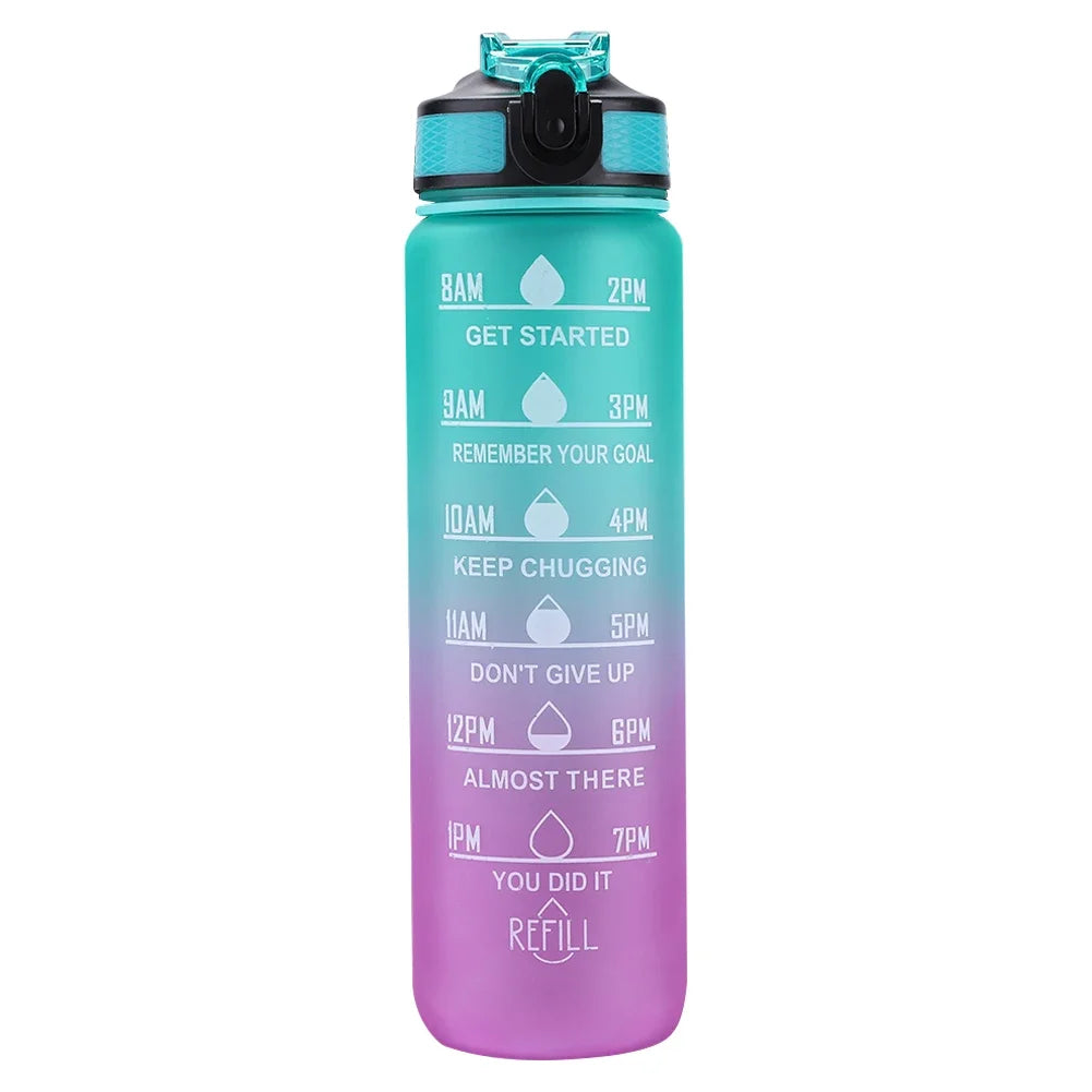 1L Motivational Sports Water Bottle with Straw & Time Scale — BPA-Free, Leakproof