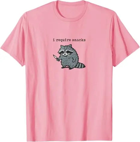 "I Require Snacks" Raccoon Graphic T-Shirt — Funny Y2K Animal Tee | Novelty Gift