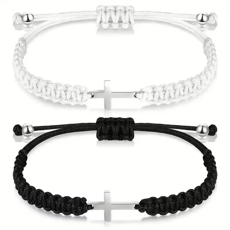 Simple Cross Black White Braided Rope Bracelets