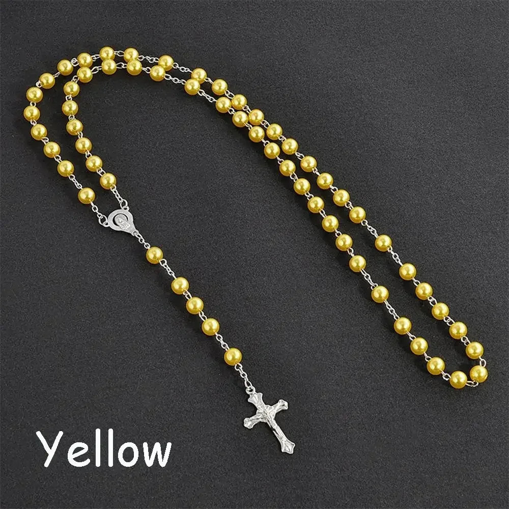 Vintage Cross Necklace Rosary Beads Chain