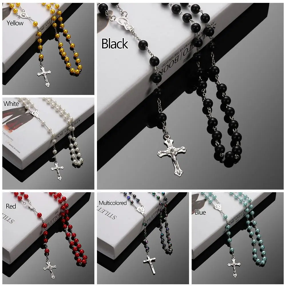 Vintage Cross Necklace Rosary Beads Chain