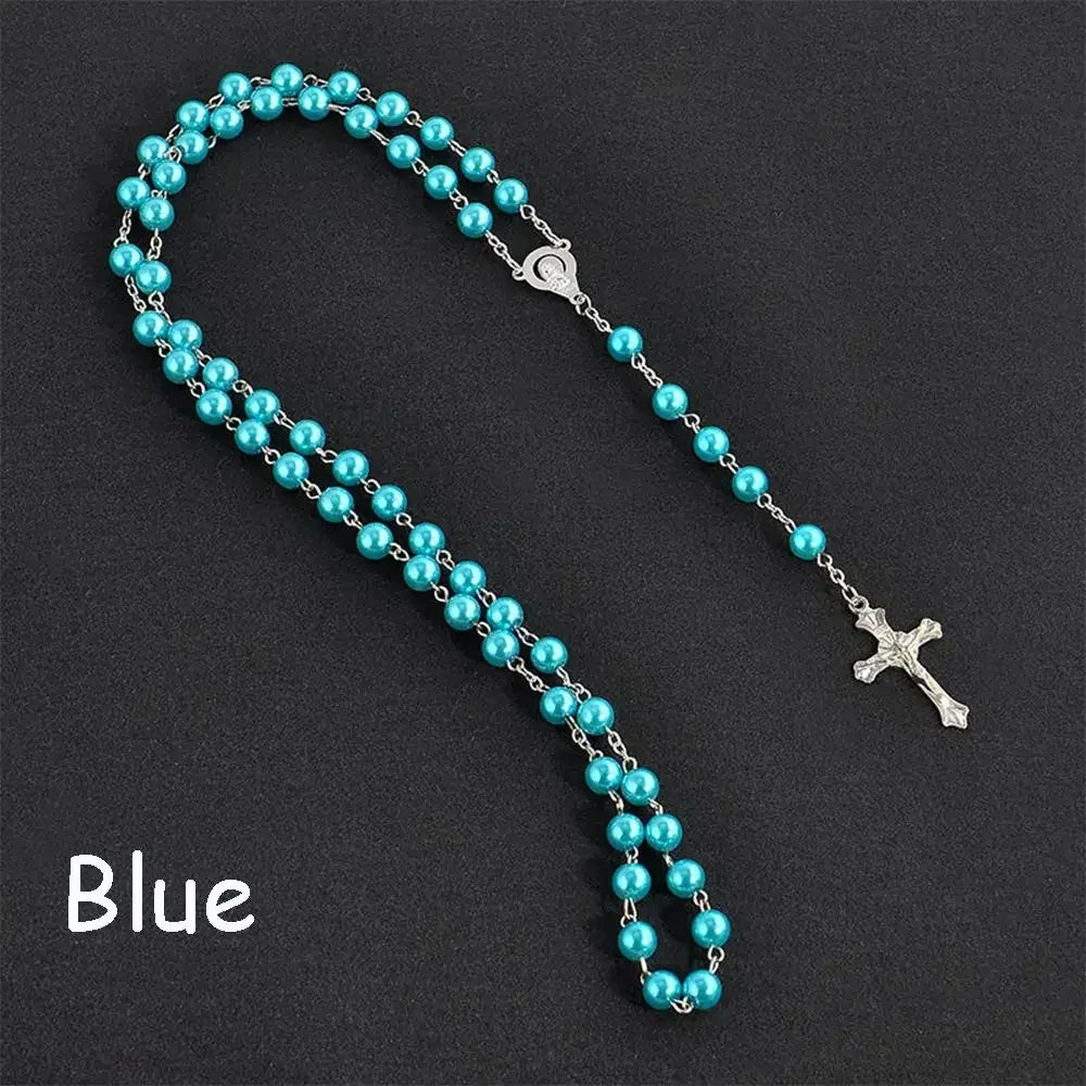 Vintage Cross Necklace Rosary Beads Chain