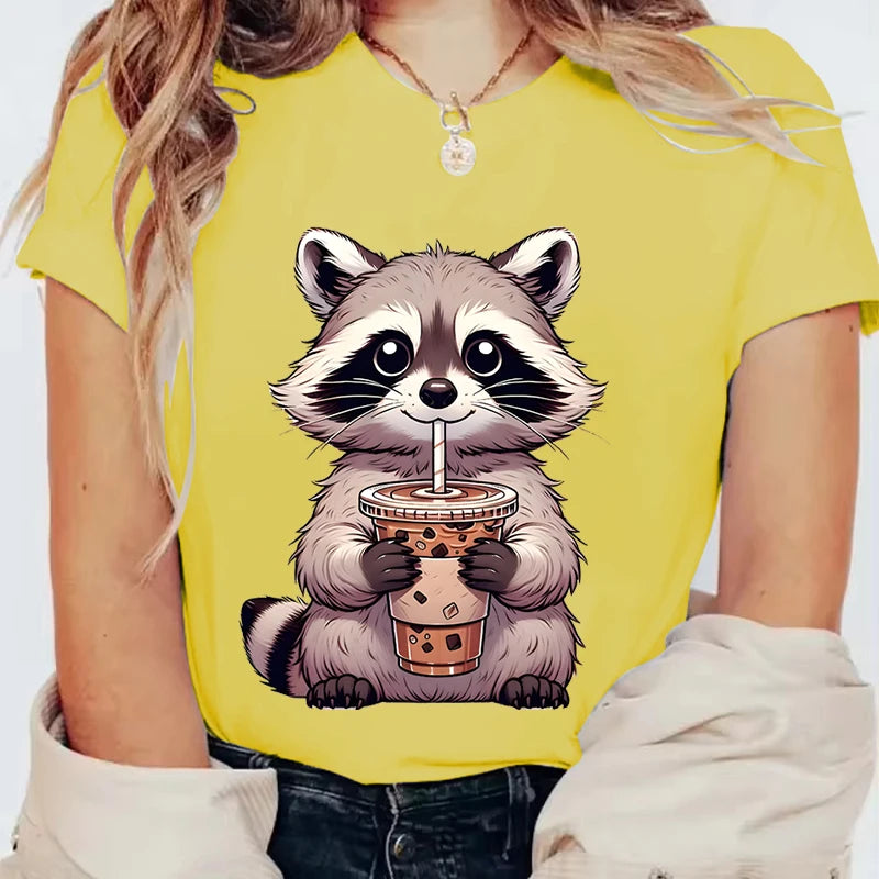 Trash Raccoon Latte Graphic T-Shirt — Women's Harajuku Cartoon Tee | 15 Colors