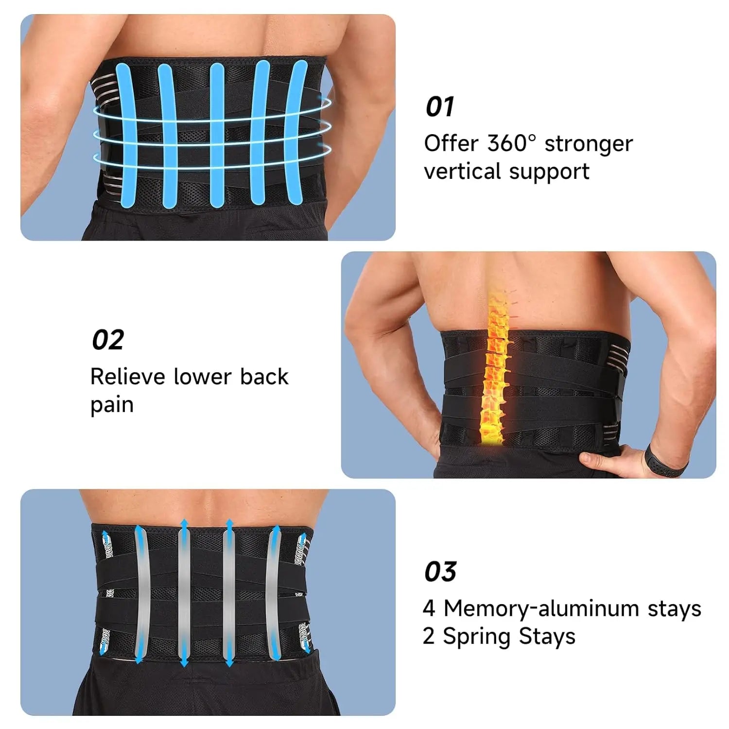 Back Brace for Lower Back Pain – 6-Stay Lumbar Support Belt