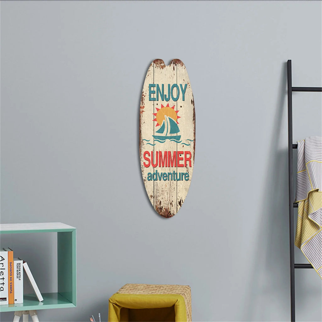 Vintage Wooden Surfboard Wall Sign — Coastal Beach Décor