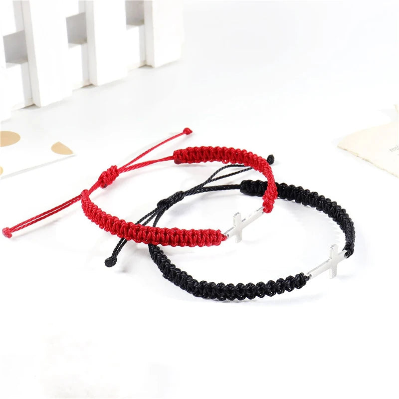 Simple Cross Black White Braided Rope Bracelets