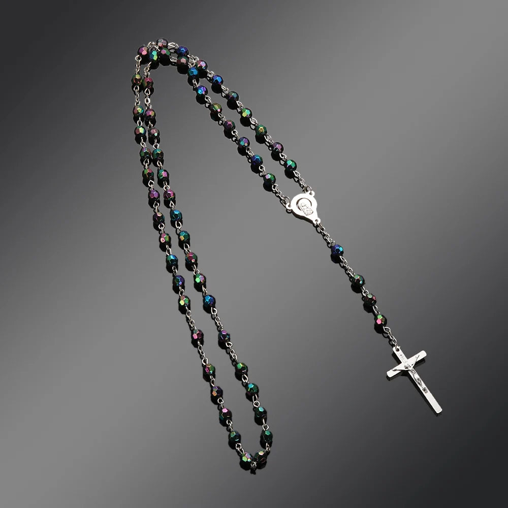 Vintage Cross Necklace Rosary Beads Chain
