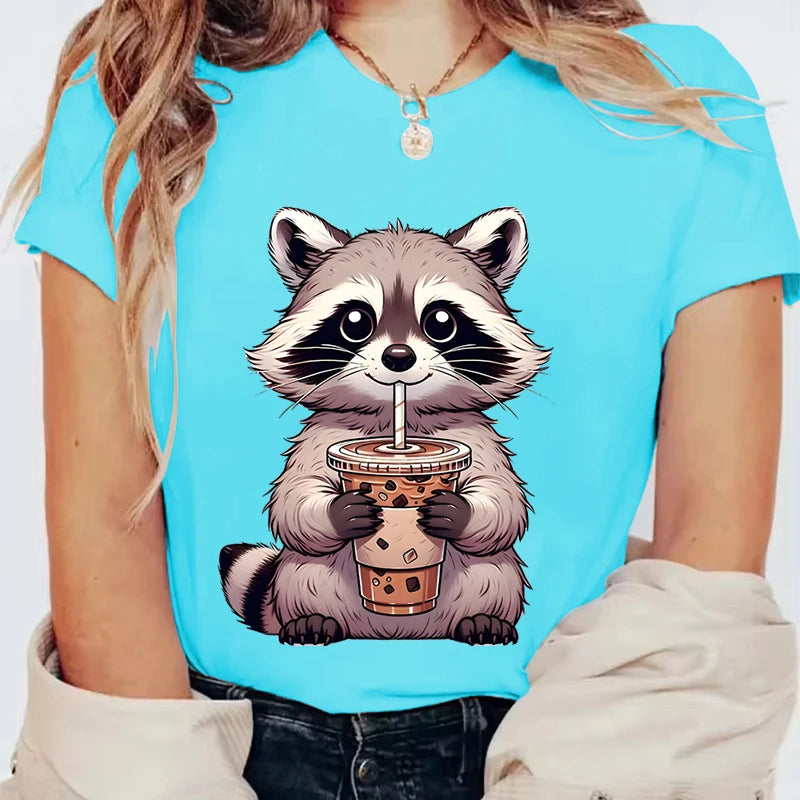 Trash Raccoon Latte Graphic T-Shirt — Women's Harajuku Cartoon Tee | 15 Colors