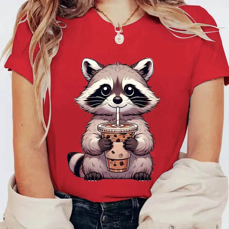 Trash Raccoon Latte Graphic T-Shirt — Women's Harajuku Cartoon Tee | 15 Colors