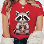 Trash Raccoon Latte Graphic T-Shirt — Women's Harajuku Cartoon Tee | 15 Colors