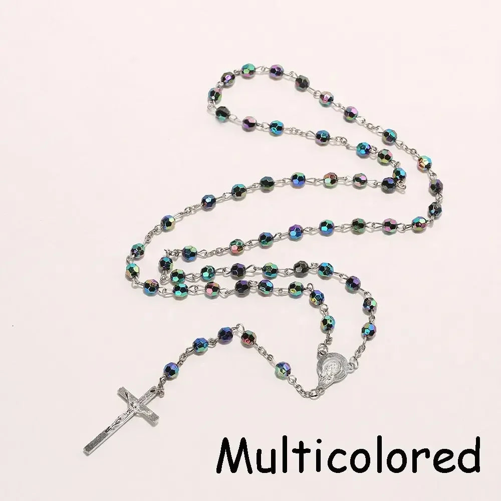 Vintage Cross Necklace Rosary Beads Chain