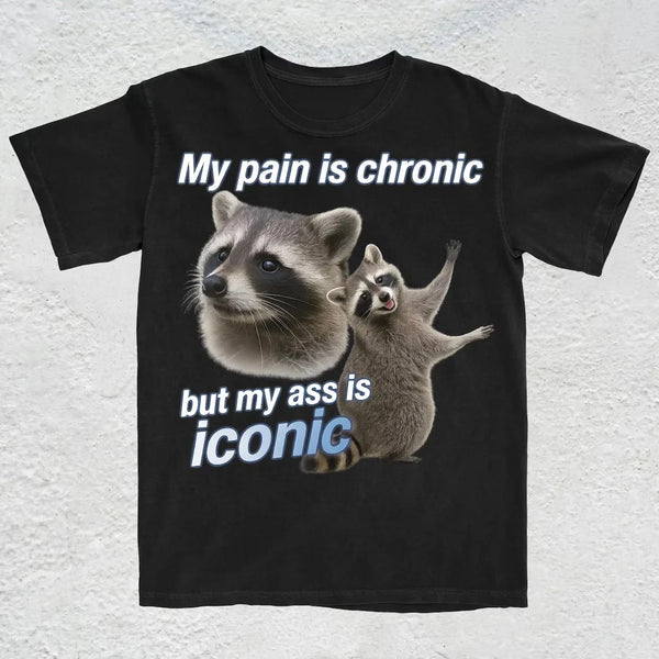 "My Pain Is Chronic But My Ass Is Iconic" Funny Raccoon Meme T-Shirt — Y2K Vintage Raccoon Tee