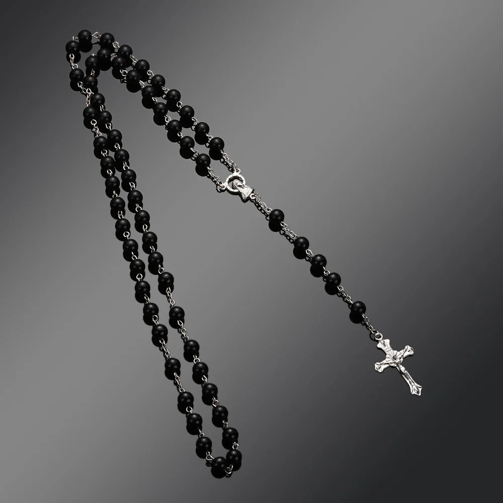 Vintage Cross Necklace Rosary Beads Chain