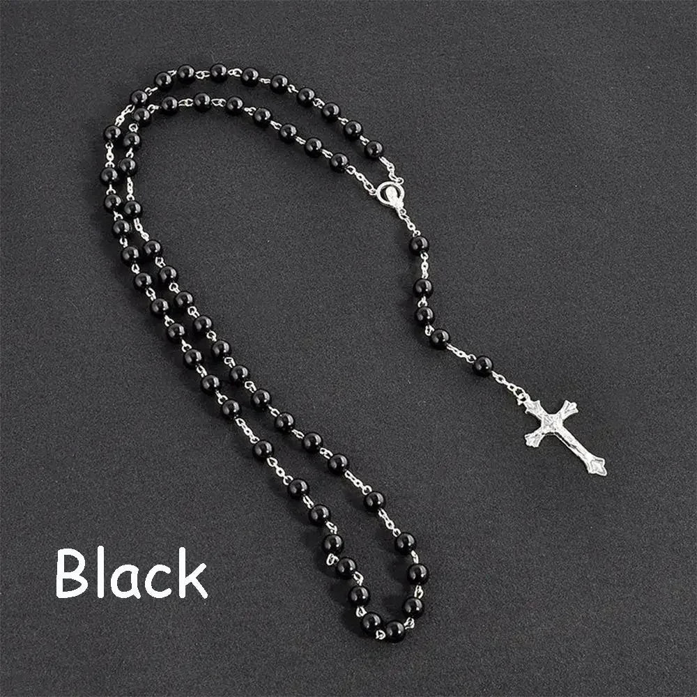Vintage Cross Necklace Rosary Beads Chain