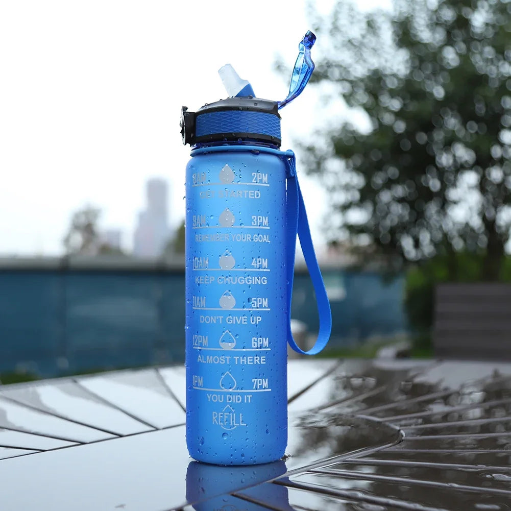 1L Motivational Sports Water Bottle with Straw & Time Scale — BPA-Free, Leakproof
