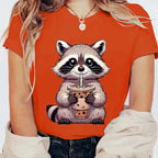Trash Raccoon Latte Graphic T-Shirt — Women's Harajuku Cartoon Tee | 15 Colors