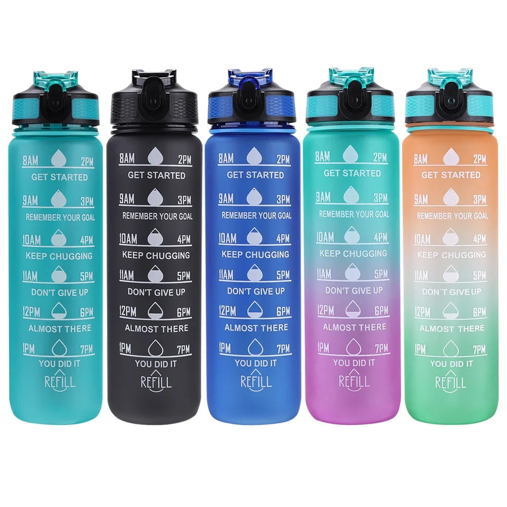 1L Motivational Sports Water Bottle with Straw & Time Scale — BPA-Free, Leakproof