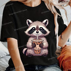 Trash Raccoon Latte Graphic T-Shirt — Women's Harajuku Cartoon Tee | 15 Colors