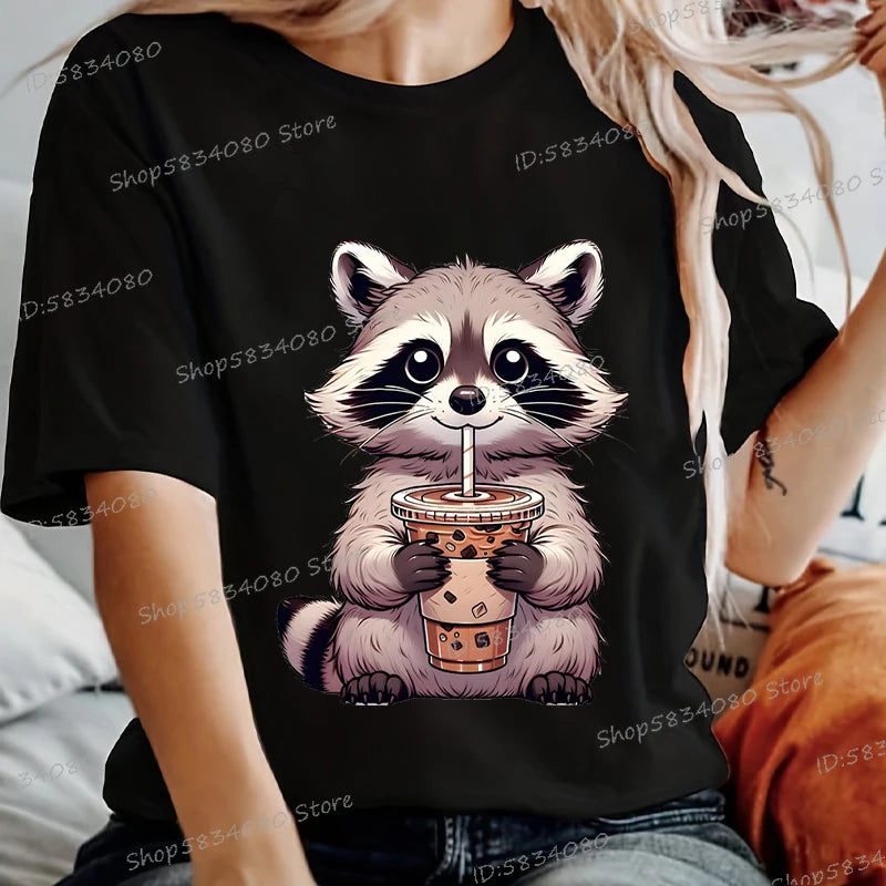 Trash Raccoon Latte Graphic T-Shirt — Women's Harajuku Cartoon Tee | 15 Colors