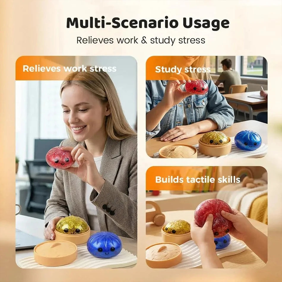 Giant Squishy Dumpling Stress Toy — Soft TPR with Bamboo Steamer