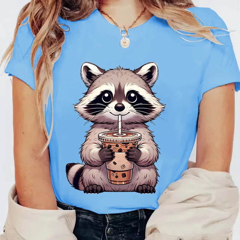 Trash Raccoon Latte Graphic T-Shirt — Women's Harajuku Cartoon Tee | 15 Colors