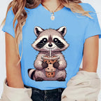 Trash Raccoon Latte Graphic T-Shirt — Women's Harajuku Cartoon Tee | 15 Colors