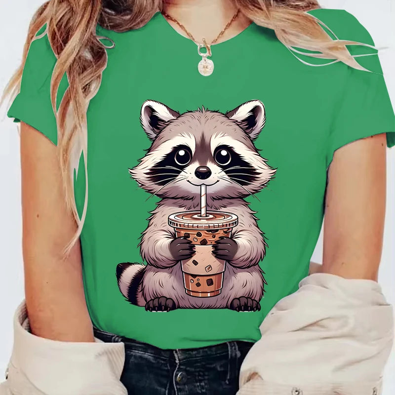 Trash Raccoon Latte Graphic T-Shirt — Women's Harajuku Cartoon Tee | 15 Colors