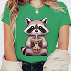 Trash Raccoon Latte Graphic T-Shirt — Women's Harajuku Cartoon Tee | 15 Colors