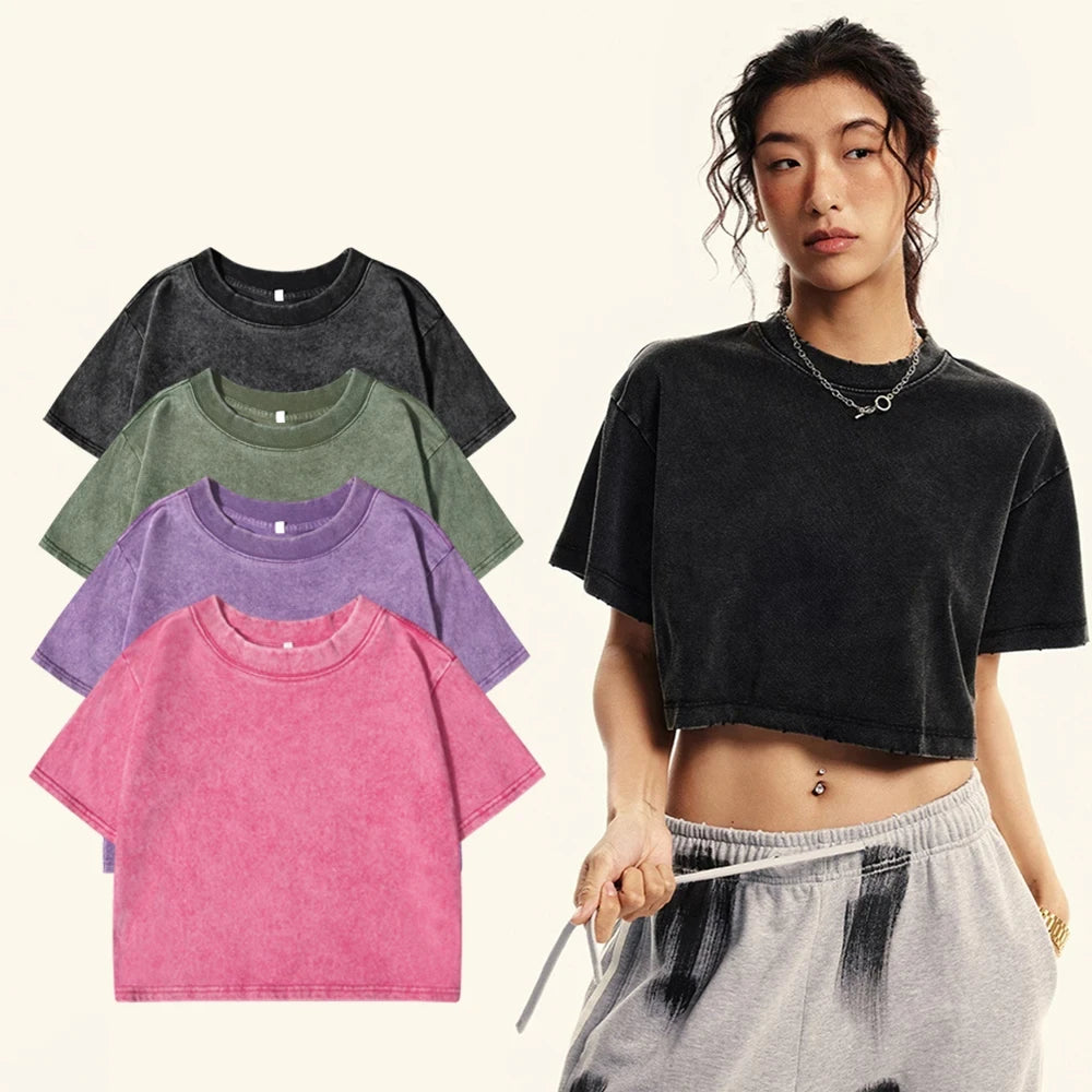 Women's Vintage Washed Crop T-Shirt – Soft 100% Cotton Streetwear Tee