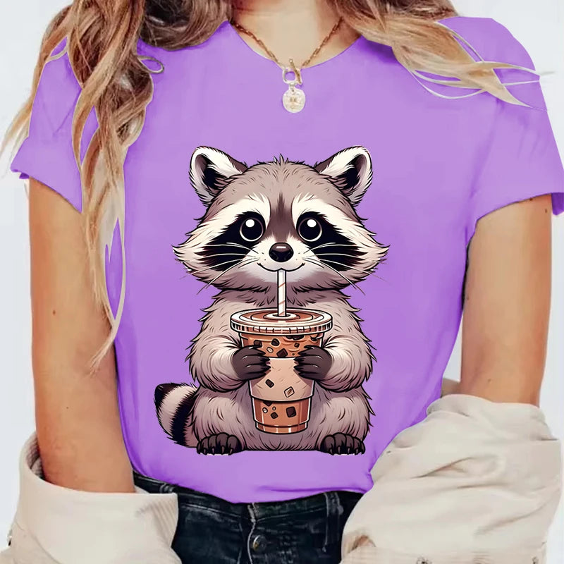 Trash Raccoon Latte Graphic T-Shirt — Women's Harajuku Cartoon Tee | 15 Colors