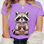 Trash Raccoon Latte Graphic T-Shirt — Women's Harajuku Cartoon Tee | 15 Colors
