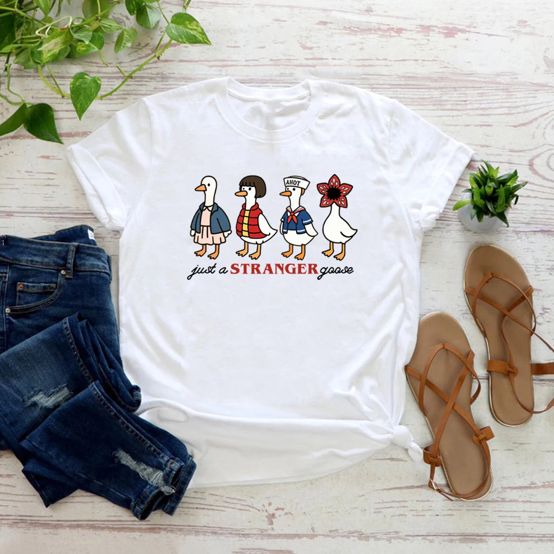 Just a Stranger Goose Graphic T-Shirt — Women's Funny Parody Tee | Streetwear Casual Top